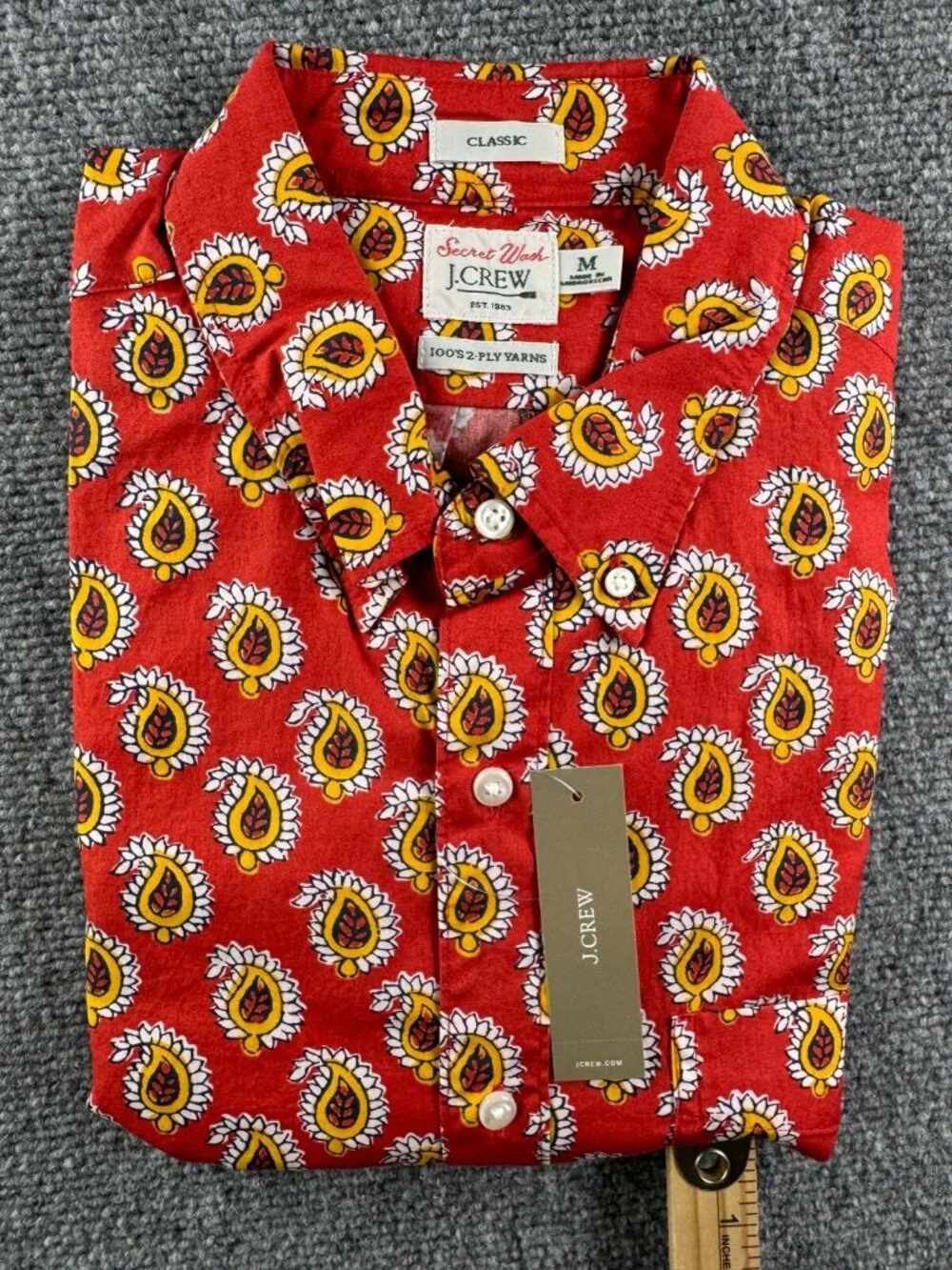 NWT J. Crew Men Red Yellow Paisley Long Sleeve Button Up Shirt Medium Classic